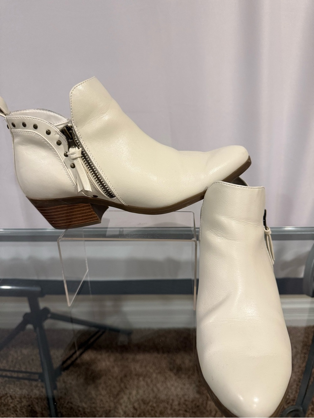 Women’s Cream Ankle Studded Booties with Side Zipper / size 8